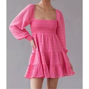 Urban Outfitters Plaid Smocked Barbie Pink Mini Dress sz S Balloon Sleeves Tiere